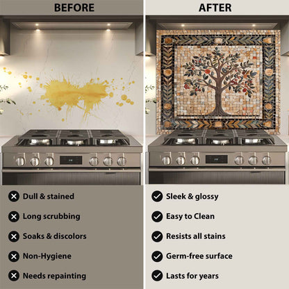 Before and after comparison of a kitchen stove with a decorative backsplash.