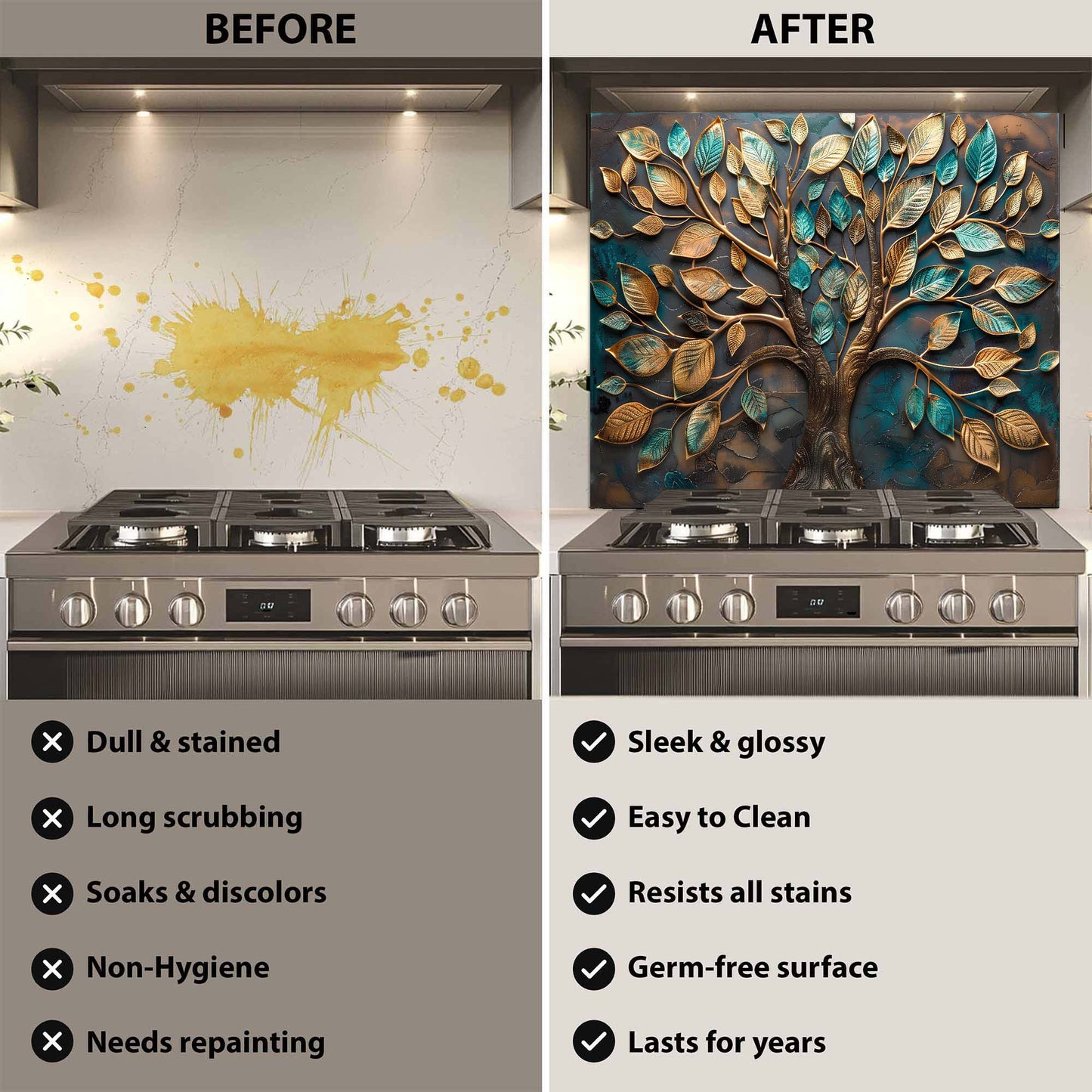 Before and after comparison of a kitchen stove with a decorative wall panel.
