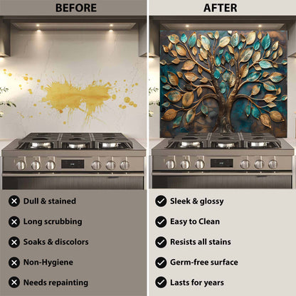 Before and after comparison of a kitchen stove with a decorative wall panel.