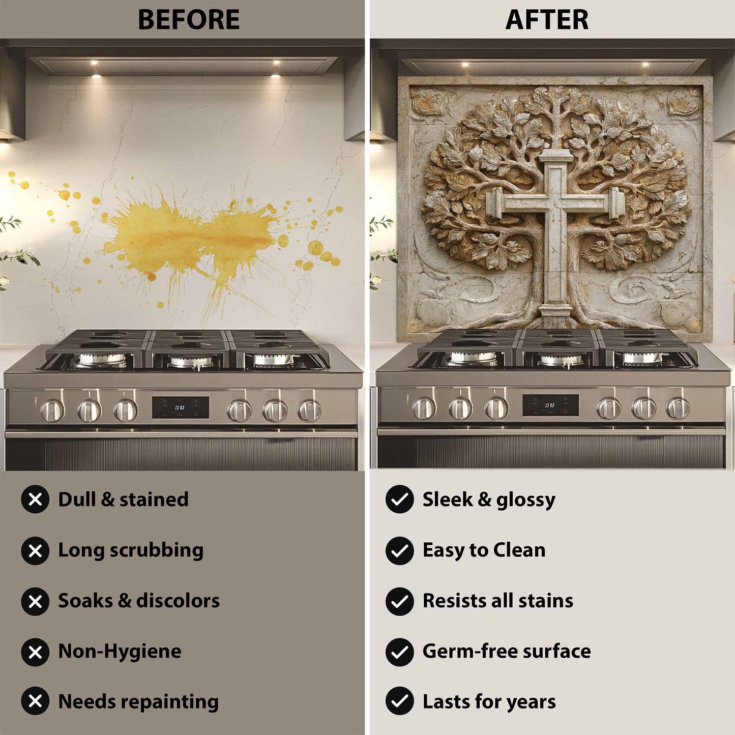 Before and after comparison of a kitchen stove with a decorative backsplash.