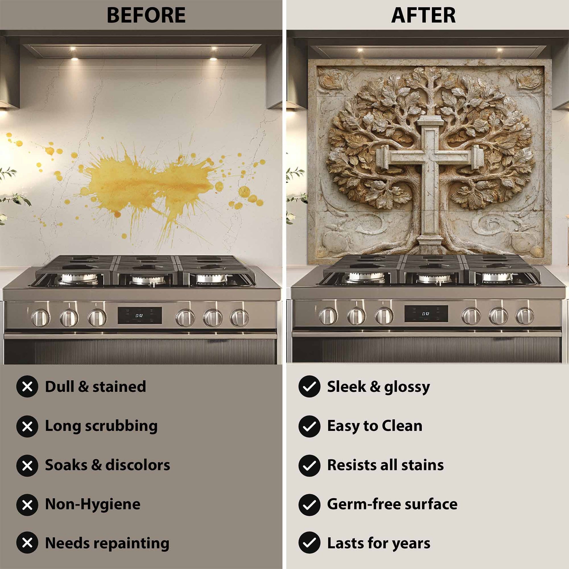 Before and after comparison of a kitchen stove with a decorative backsplash.