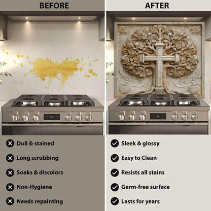 Before and after comparison of a kitchen stove with a decorative backsplash.