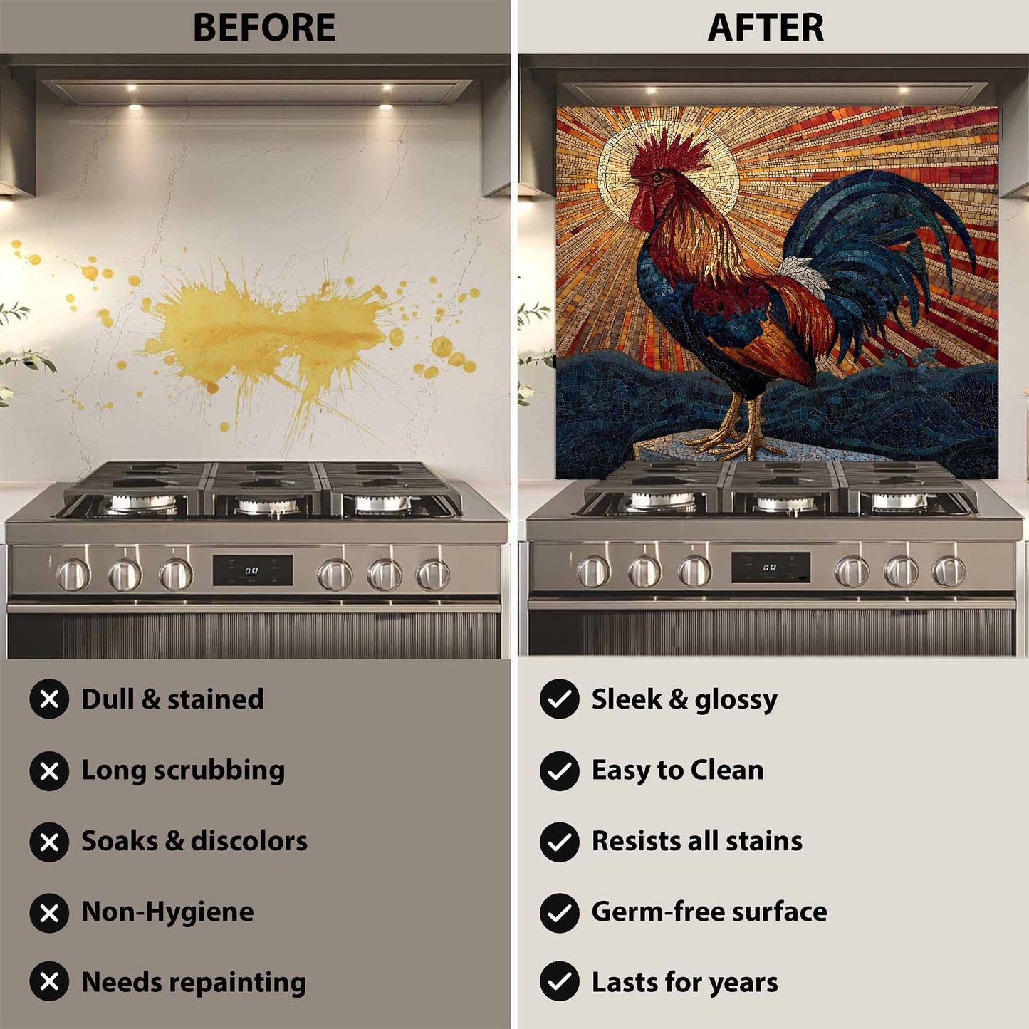 Radiant dawn rooster mosaic glass backsplash with golden sunburst and deep blues. A bold tempered glass kitchen backsplash design.