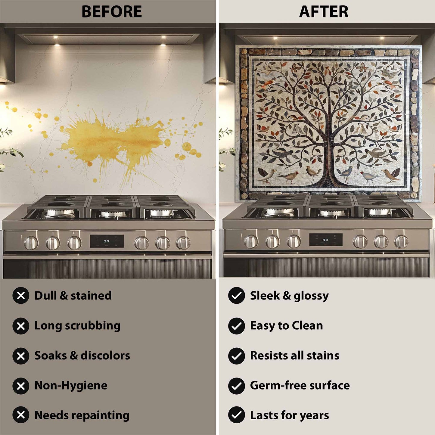 Before and after comparison of a kitchen stove with a decorative backsplash.