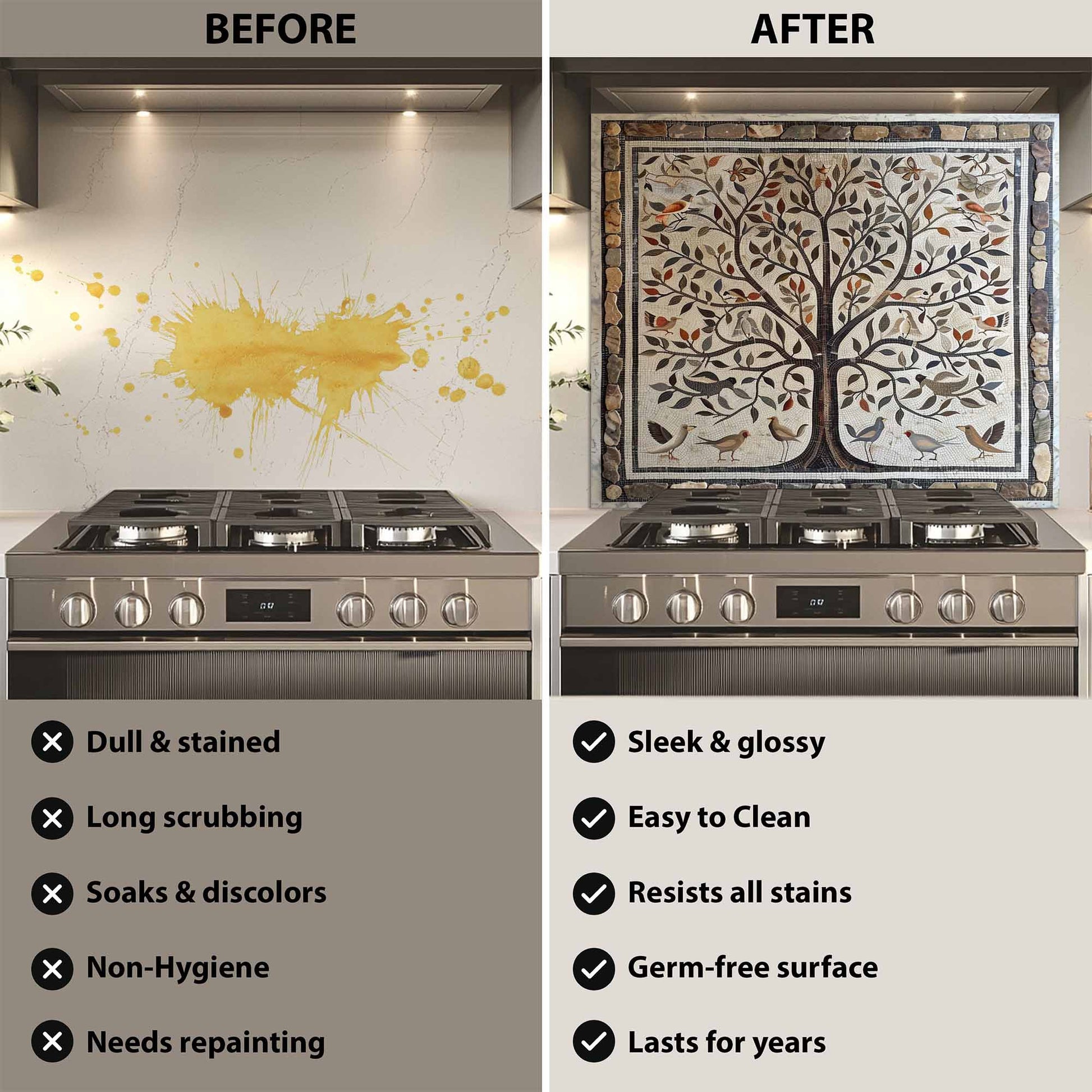 Before and after comparison of a kitchen stove with a decorative backsplash.