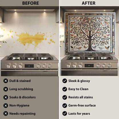 Before and after comparison of a kitchen stove with a decorative backsplash.