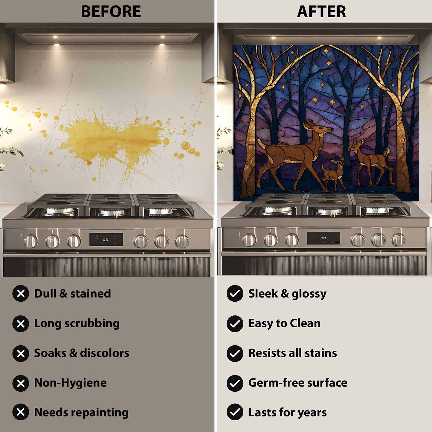 A serene deer family beneath a starlit forest sky on tempered glass backsplash, bringing warmth, nature, and harmony to kitchens.