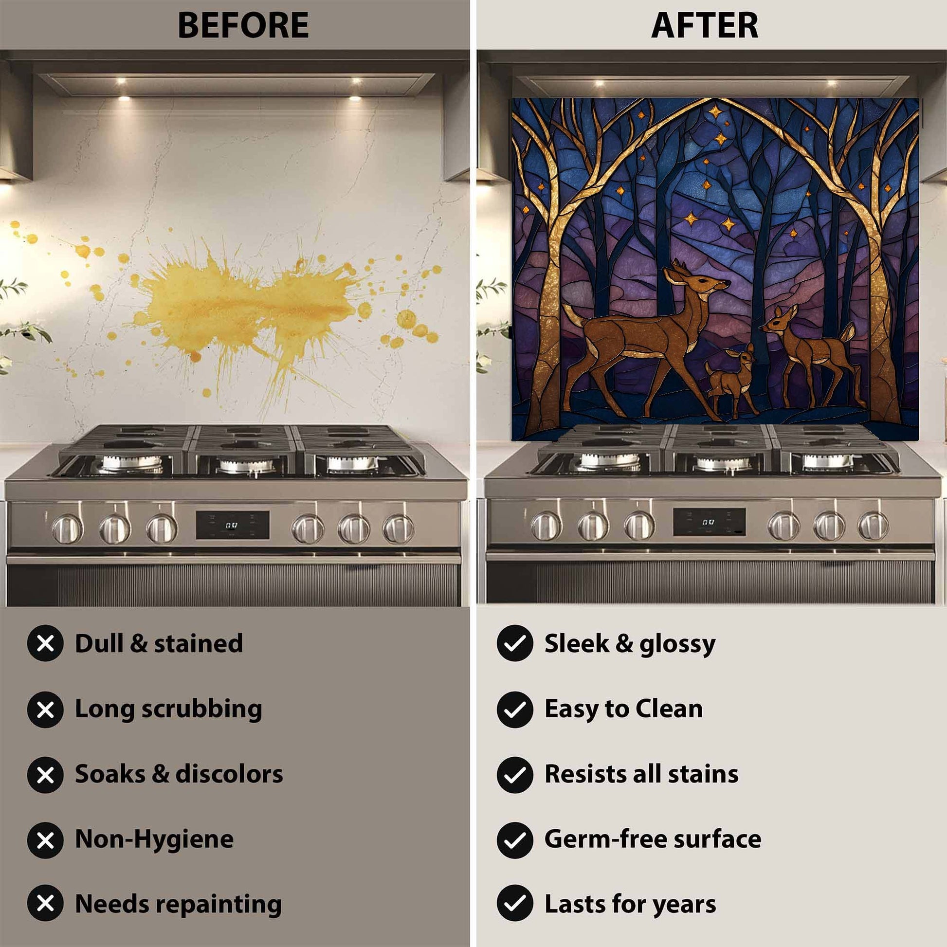 A serene deer family beneath a starlit forest sky on tempered glass backsplash, bringing warmth, nature, and harmony to kitchens.
