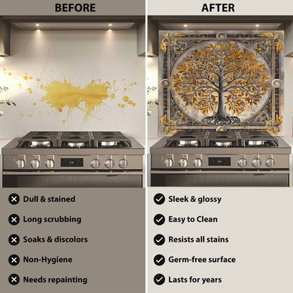 Before and after comparison of a kitchen stove with a decorative backsplash.