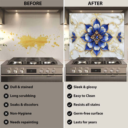 Before and after comparison of a stove with a decorative backsplash.