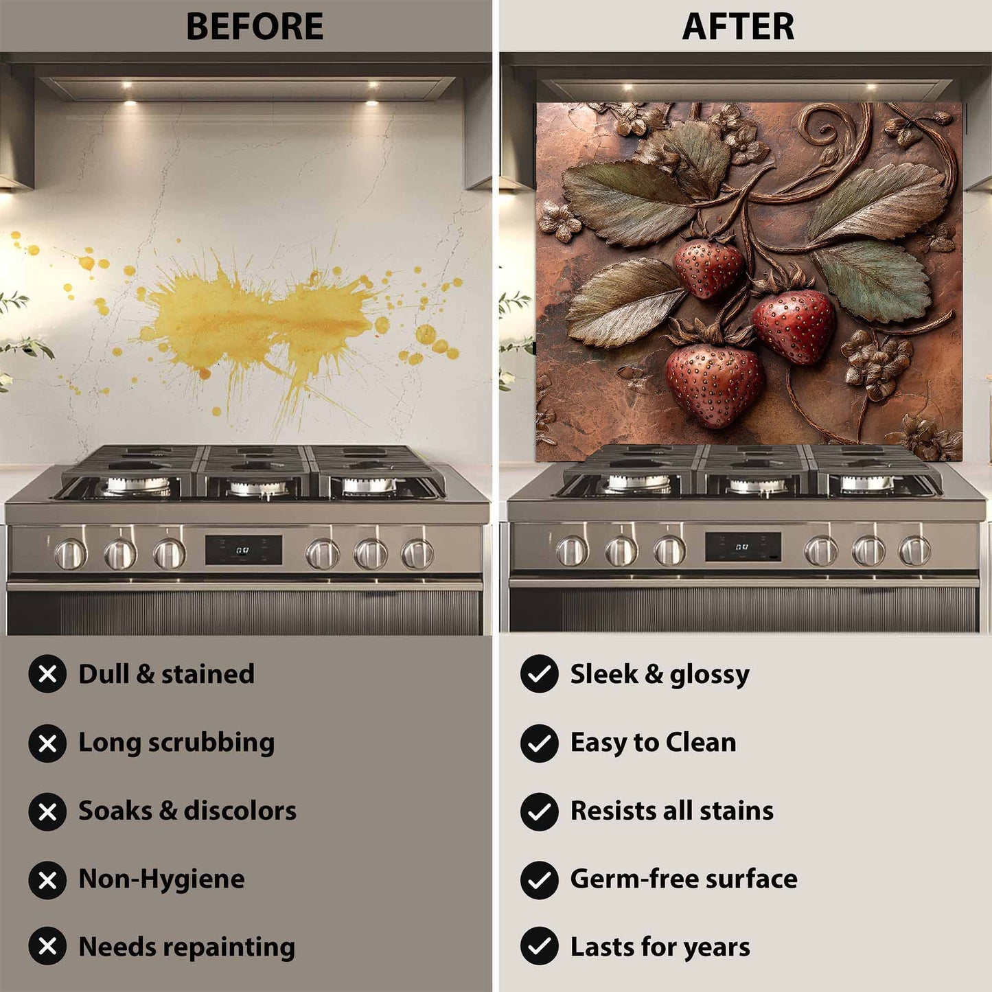 Before and after comparison of a stove with a decorative backsplash.