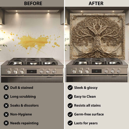 Before and after comparison of a kitchen stove with a decorative backsplash.