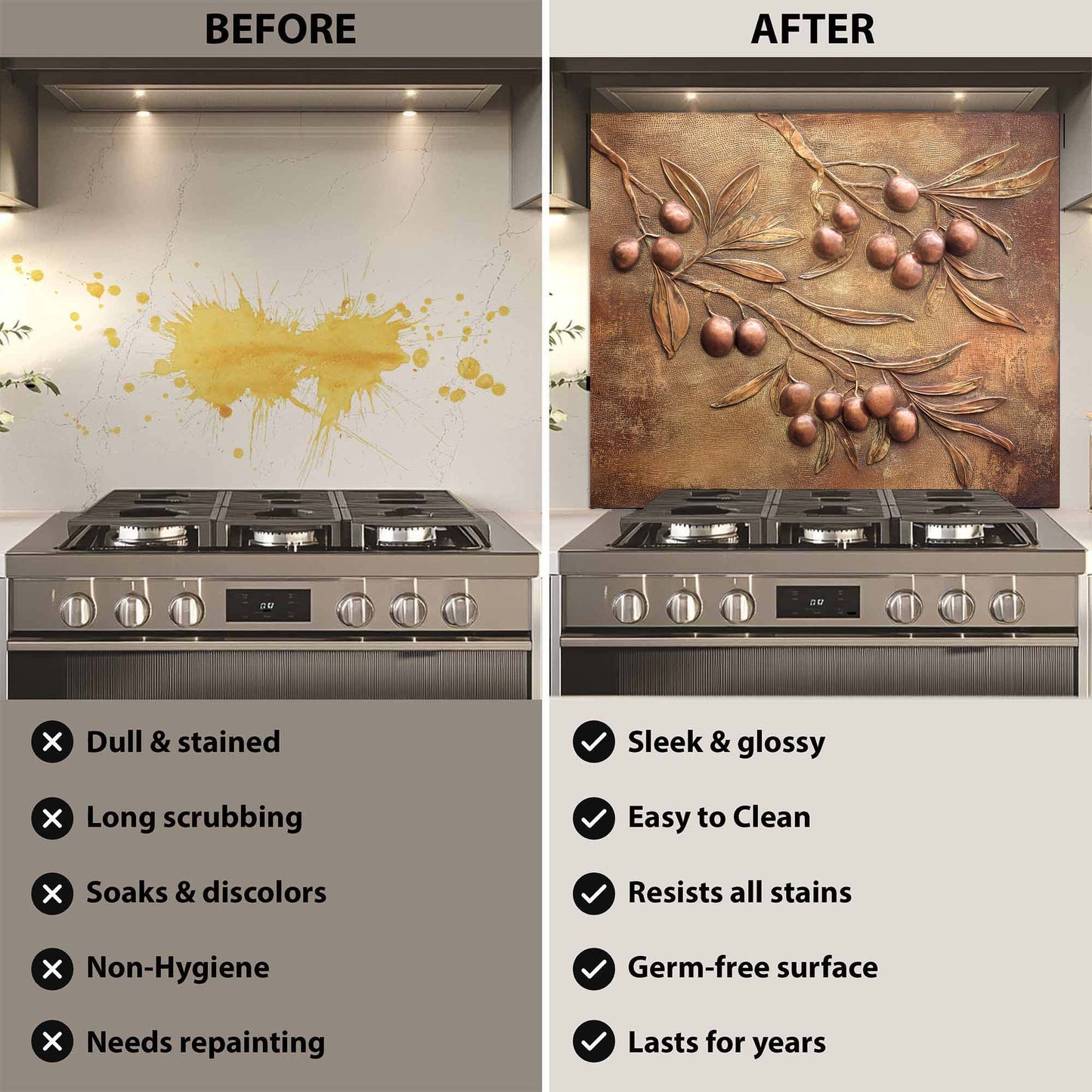 Before and after comparison of a stove with a decorative backsplash.
