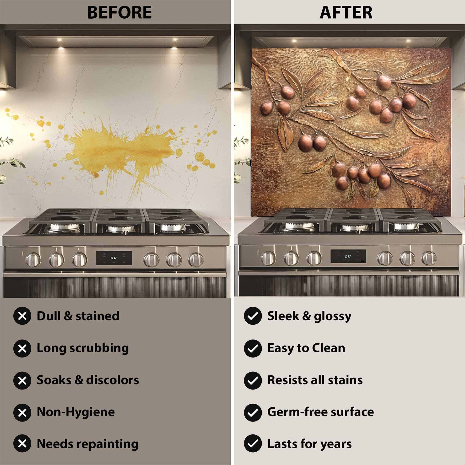 Before and after comparison of a stove with a decorative backsplash.