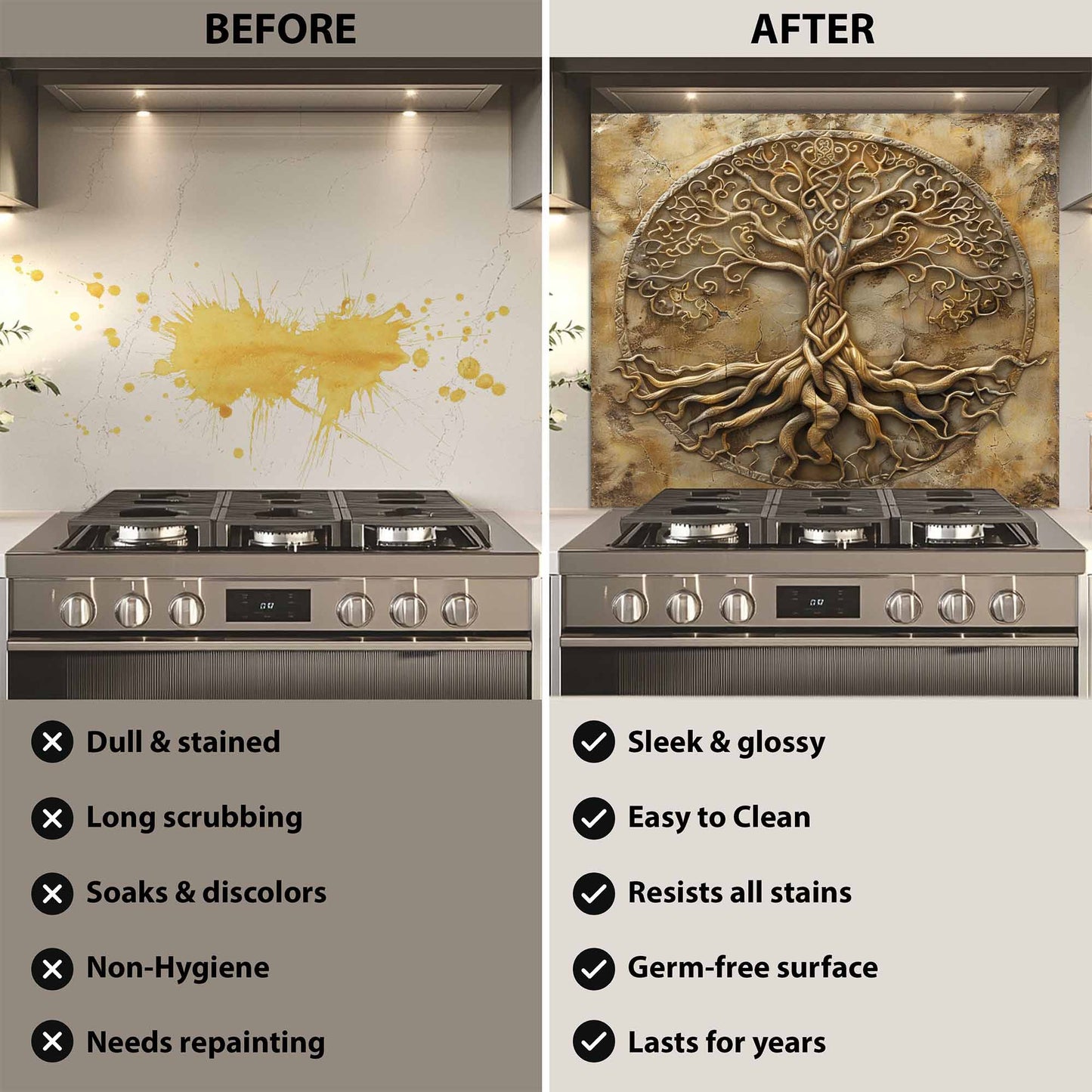 Before and after comparison of a kitchen stove with a decorative glass backsplash.