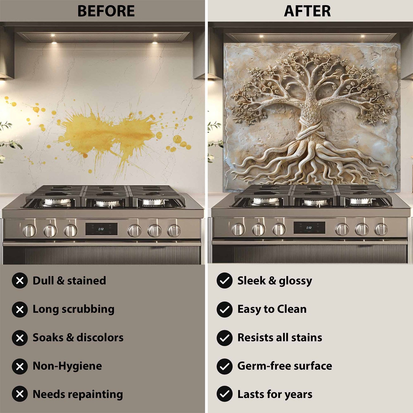 Before and after comparison of a kitchen stove with a decorative backsplash.