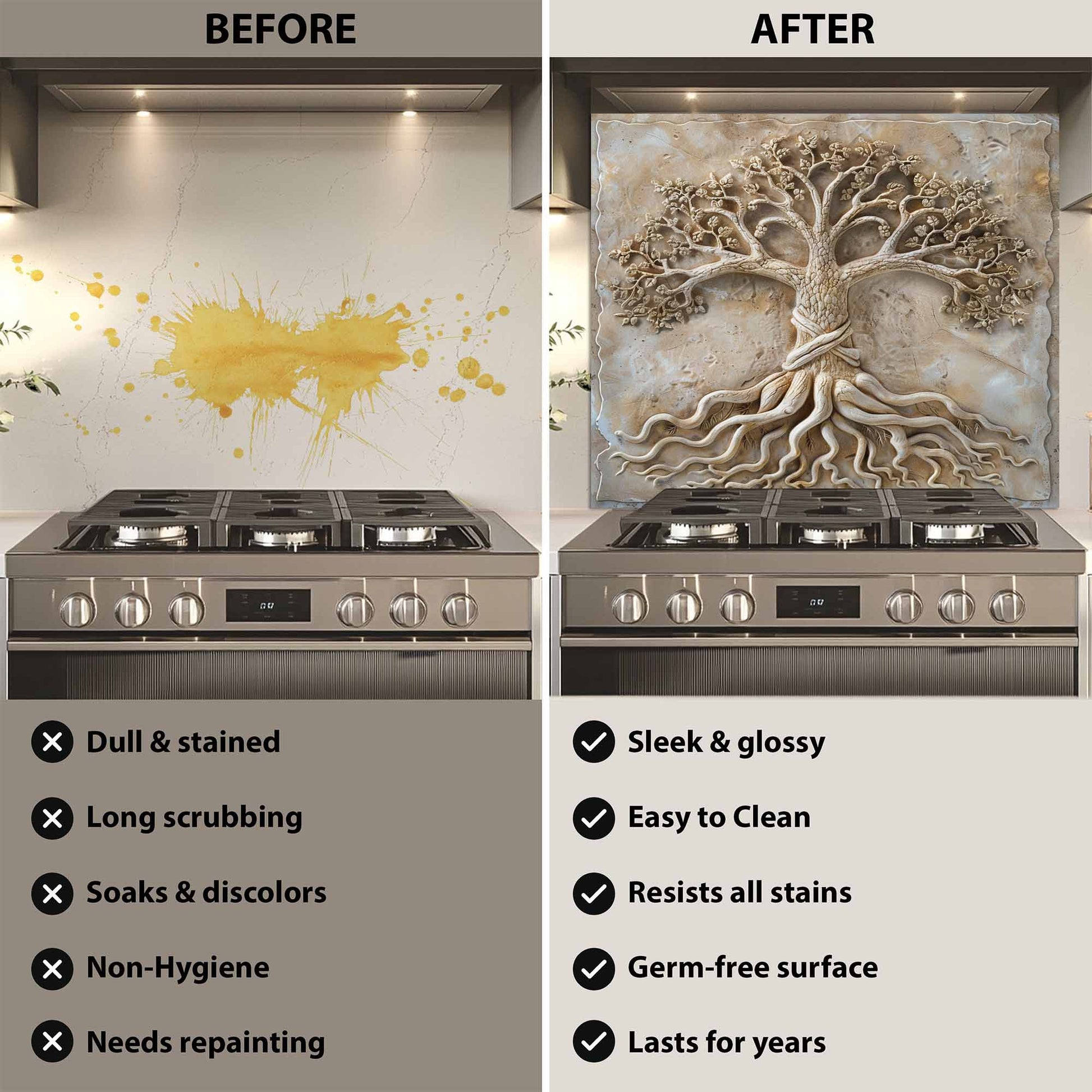 Before and after comparison of a kitchen stove with a decorative backsplash.