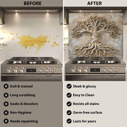 Before and after comparison of a kitchen stove with a decorative backsplash.