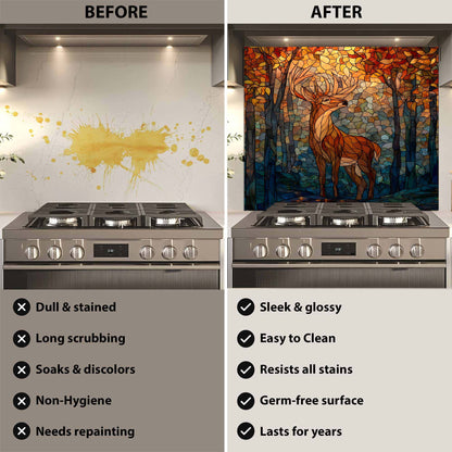 Before and after comparison of a stove with a decorative glass backsplash