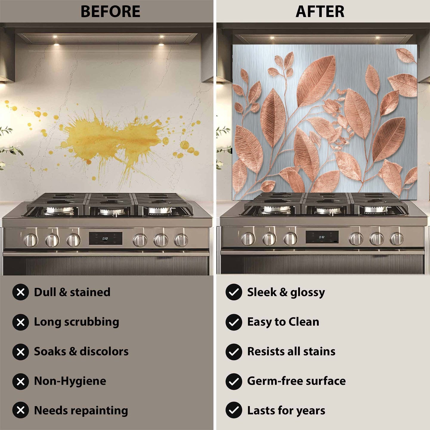 Rose Gold Leaves – Tempered Glass Backsplash for Kitchen – Botanical Kitchen Splashback