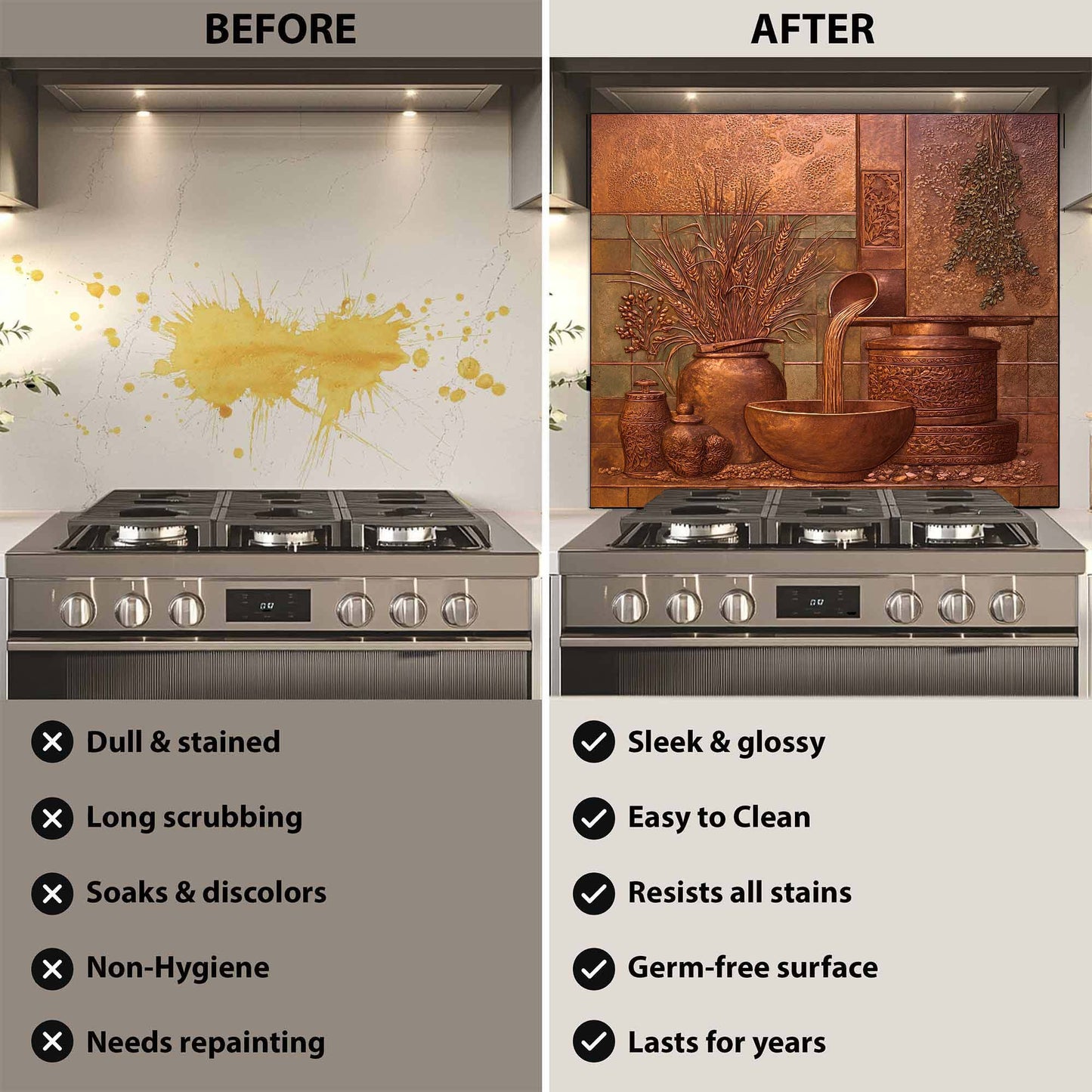 Before and after comparison of a kitchen stove with a decorative backsplash.