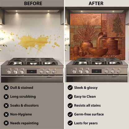 Before and after comparison of a kitchen stove with a decorative backsplash.