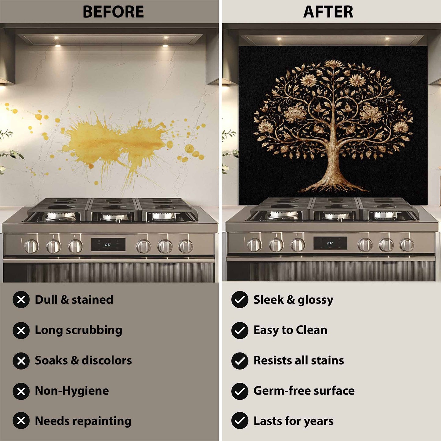 Before and after comparison of a kitchen stove with a decorative backsplash.