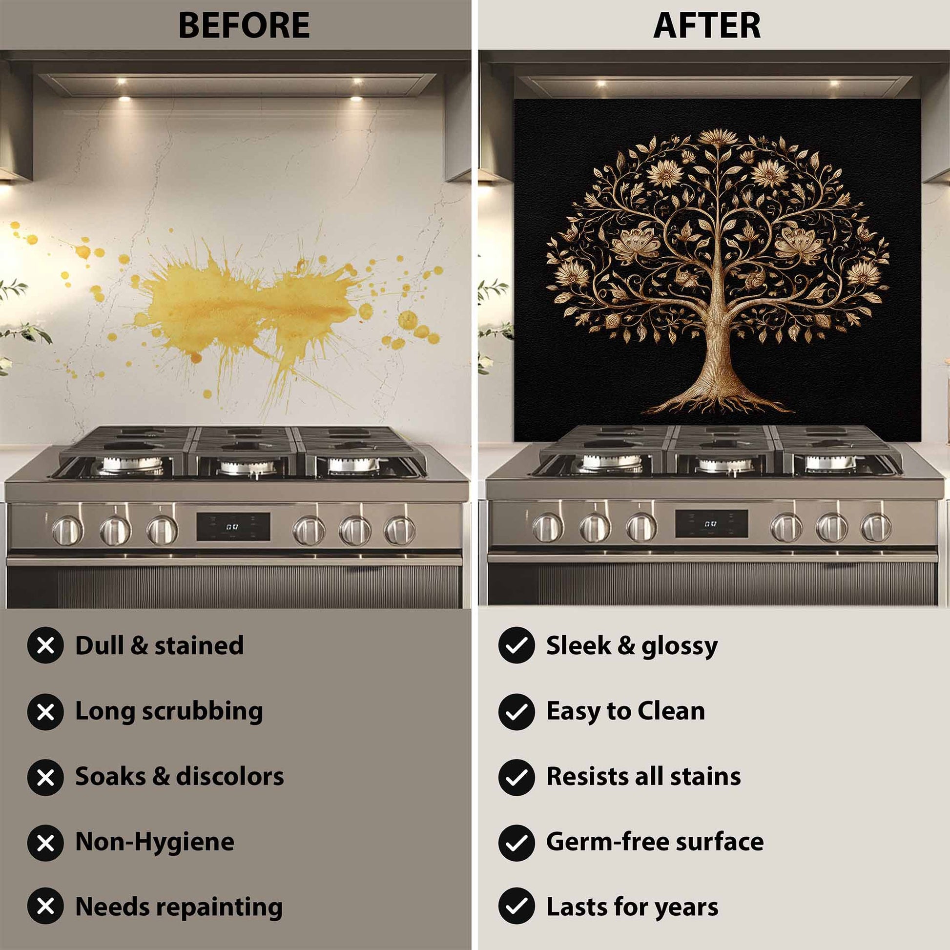 Before and after comparison of a kitchen stove with a decorative backsplash.