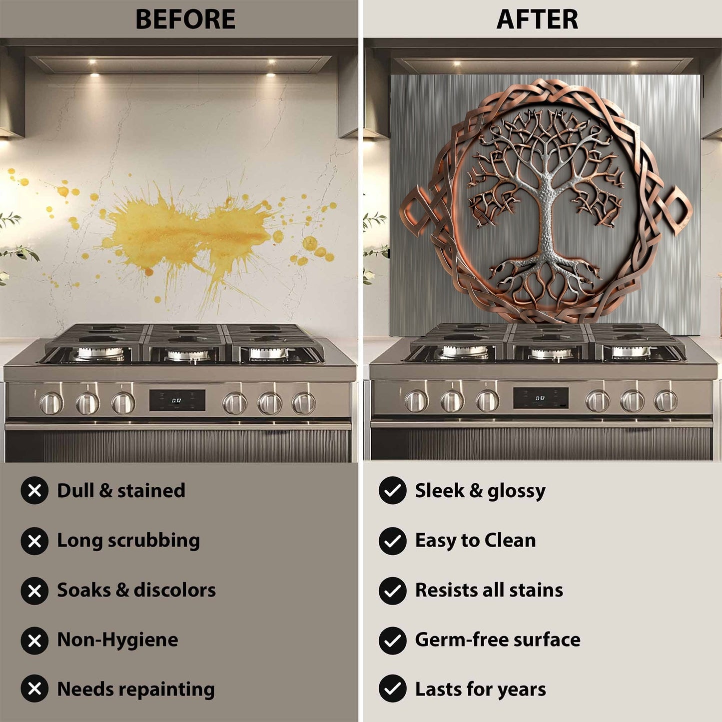 Before and after comparison of a kitchen stove with a decorative wall art installation.