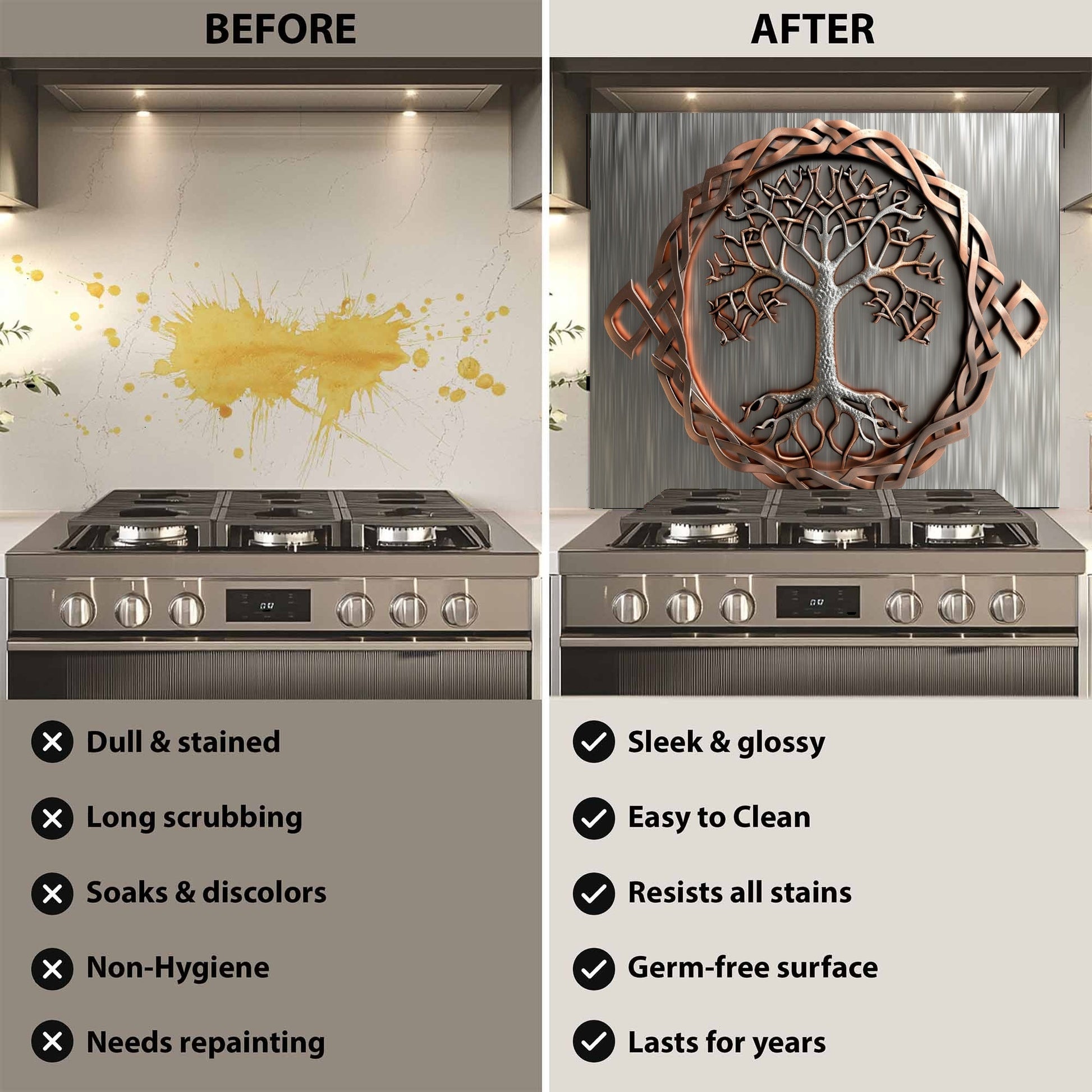 Before and after comparison of a kitchen stove with a decorative wall art installation.