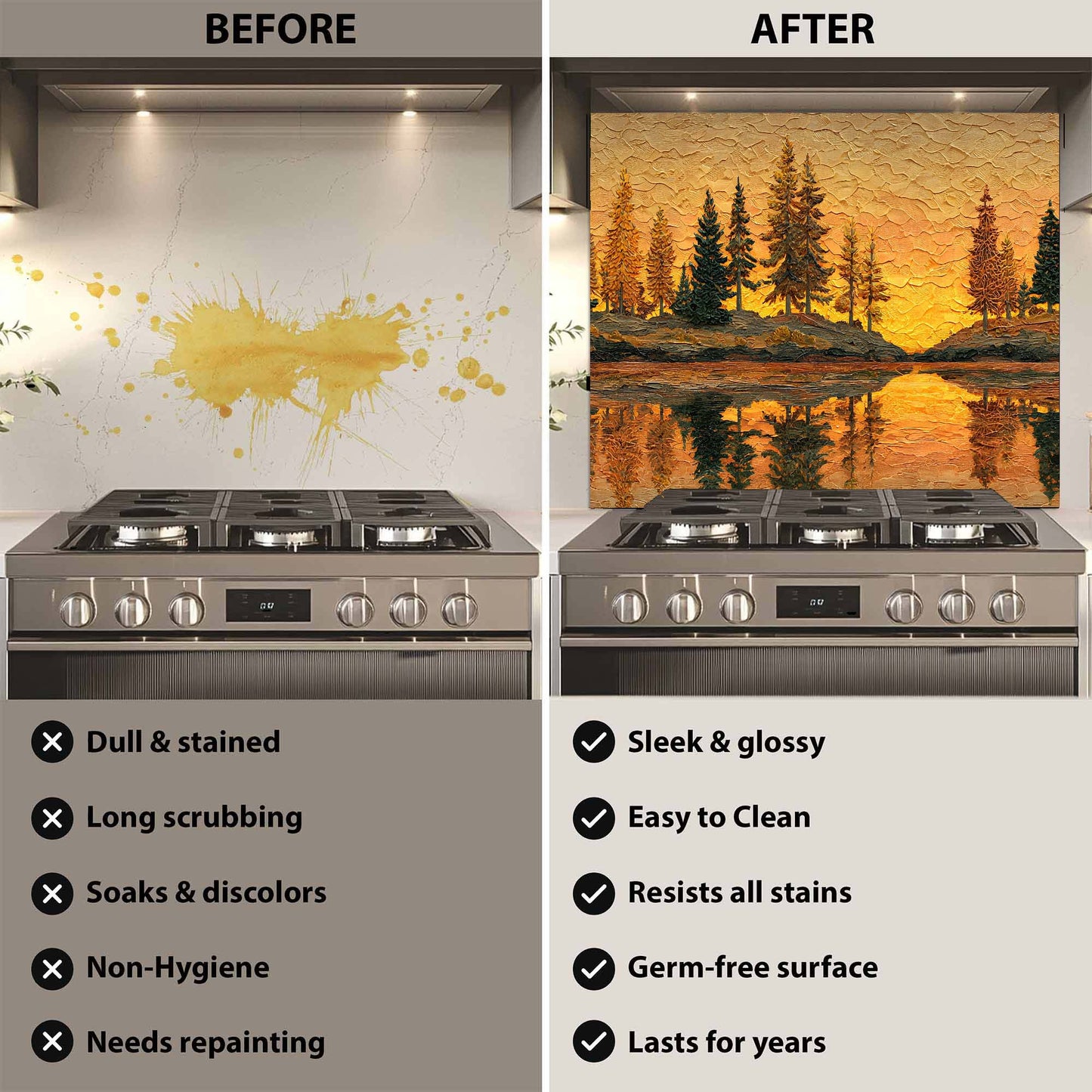 Before and after comparison of a stove with a decorative backsplash panel.