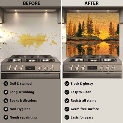 Before and after comparison of a stove with a decorative backsplash panel.