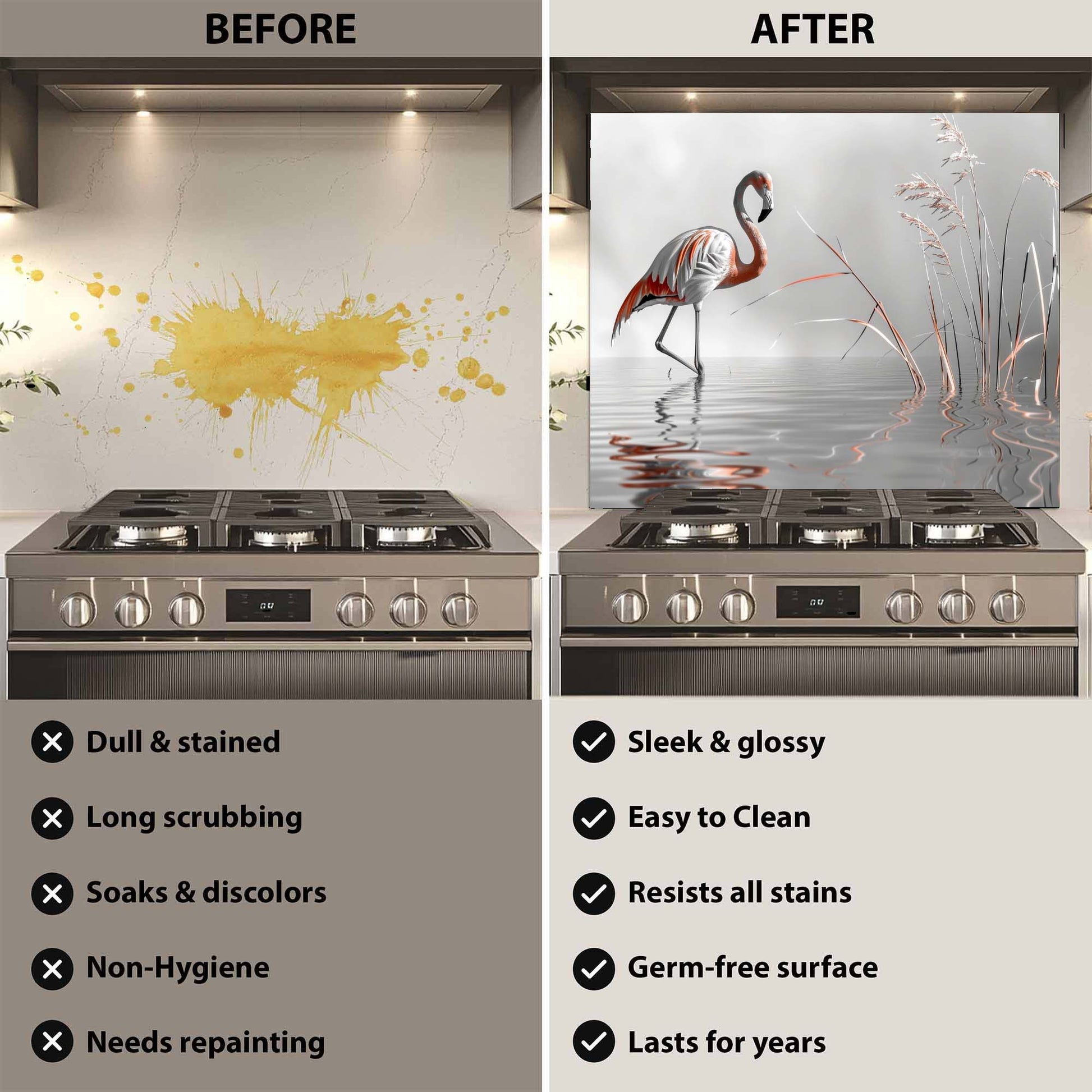 Before and after comparison of a stove with a decorative glass backsplash featuring a flamingo.