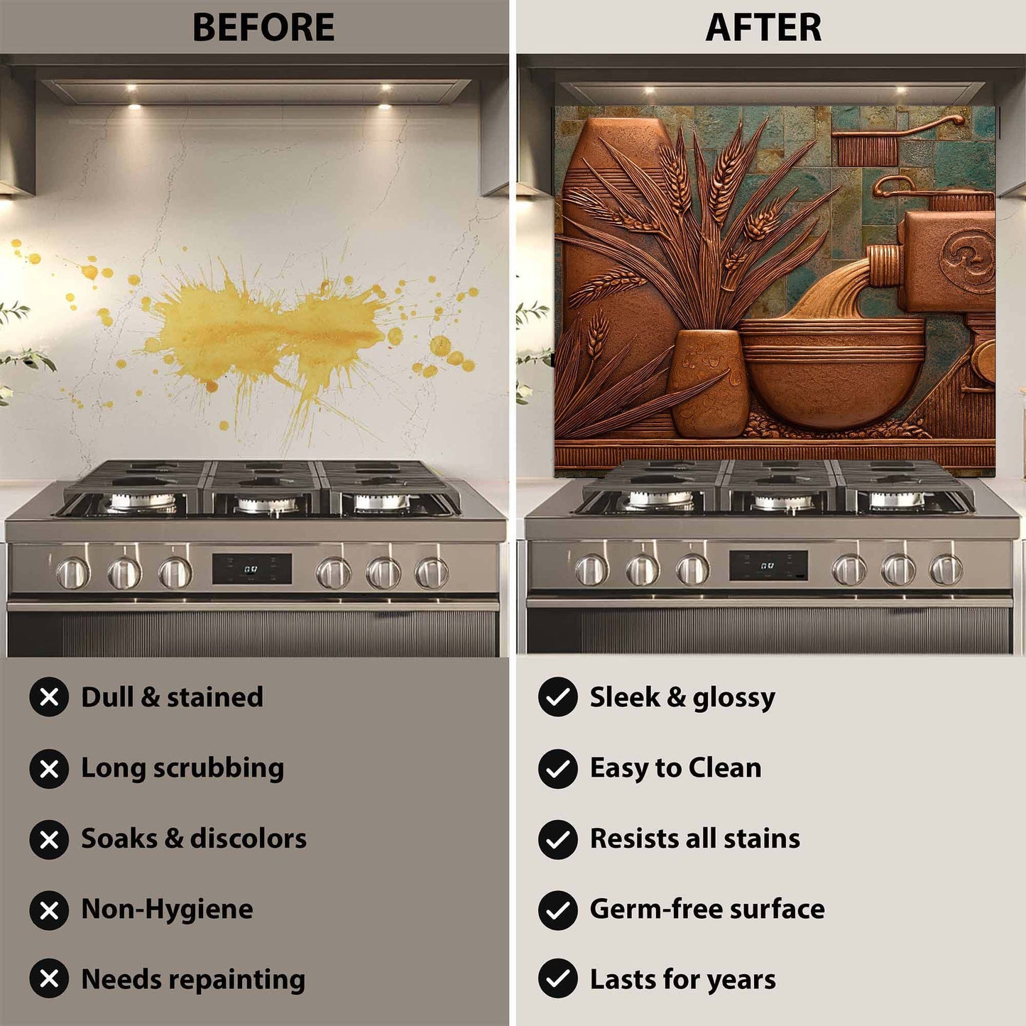 Before and after comparison of a kitchen stove with a decorative backsplash.