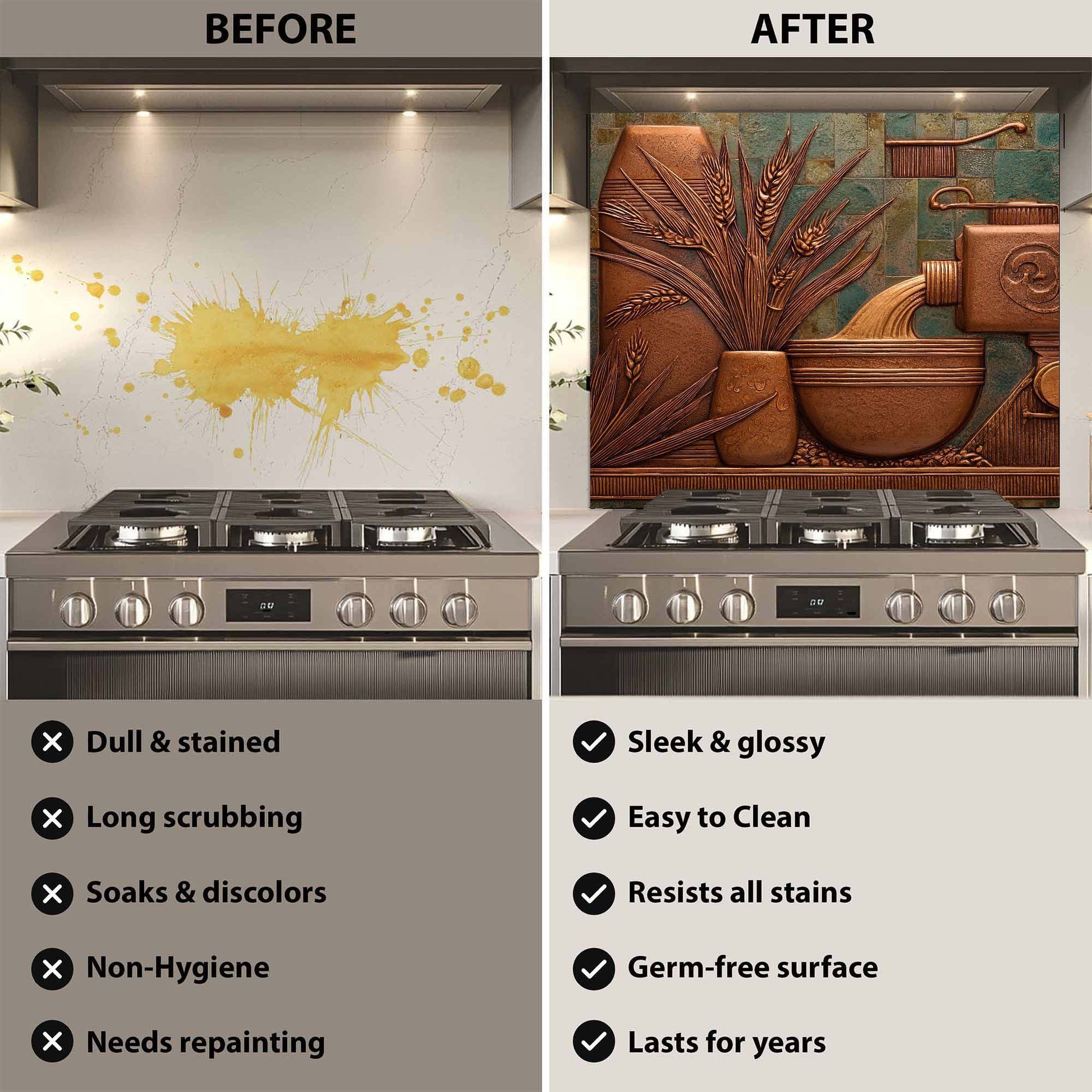 Before and after comparison of a kitchen stove with a decorative backsplash.
