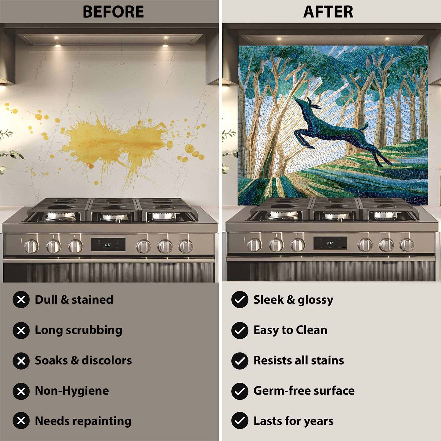 Before and after comparison of a stove with a decorative backsplash.