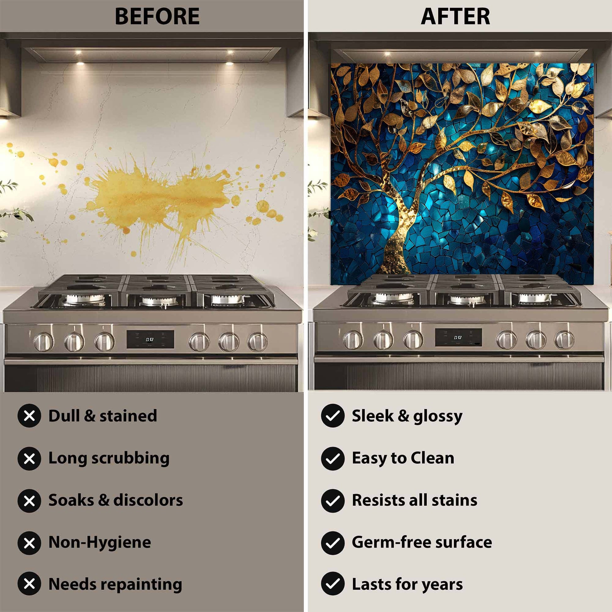 Before and after comparison of a kitchen stove with a decorative backsplash.