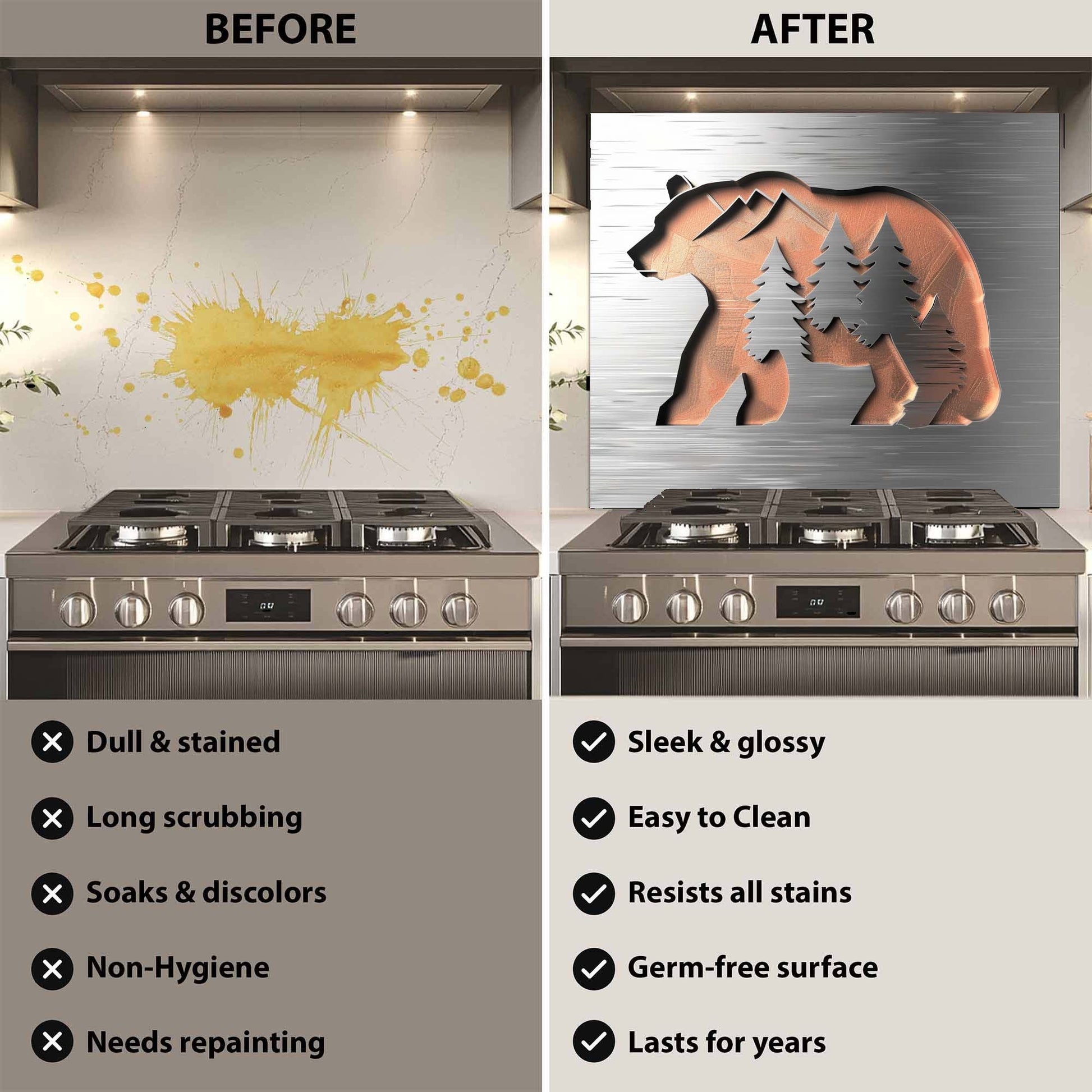 Before and after comparison of a stove with a decorative glass backsplash.