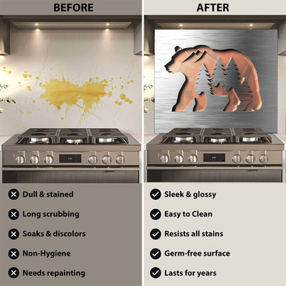 Before and after comparison of a stove with a decorative glass backsplash.