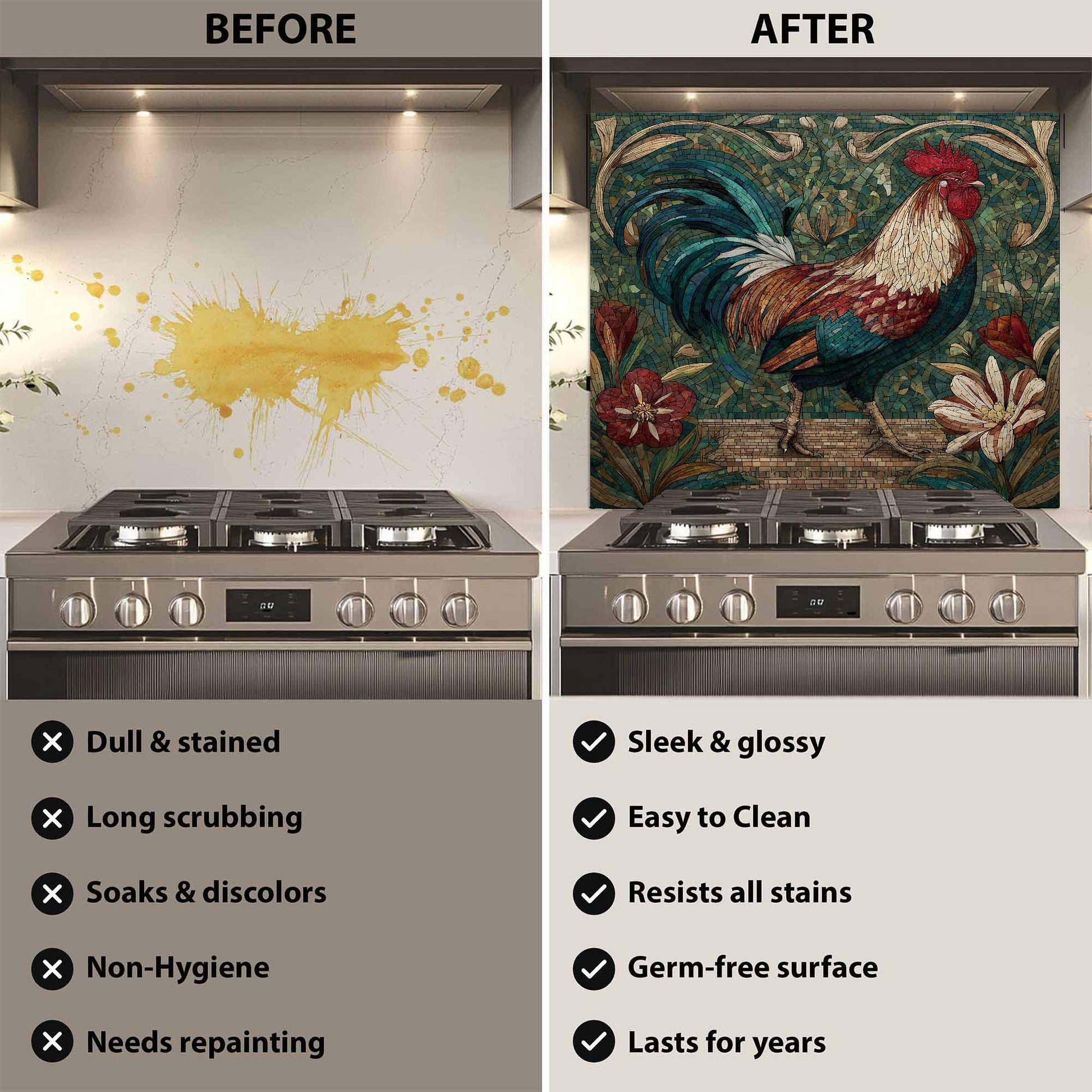 Before and after comparison of a kitchen stove with a decorative backsplash.