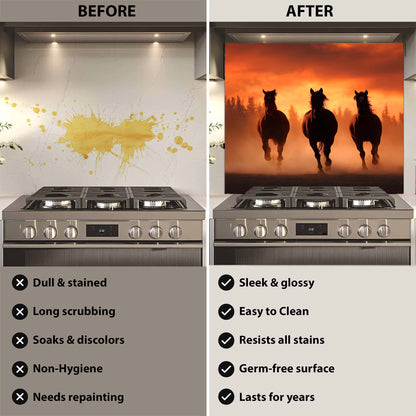 Before and after comparison of a stove with a decorative glass backsplash.