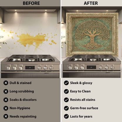 Before and after comparison of a kitchen stove with a decorative backsplash.