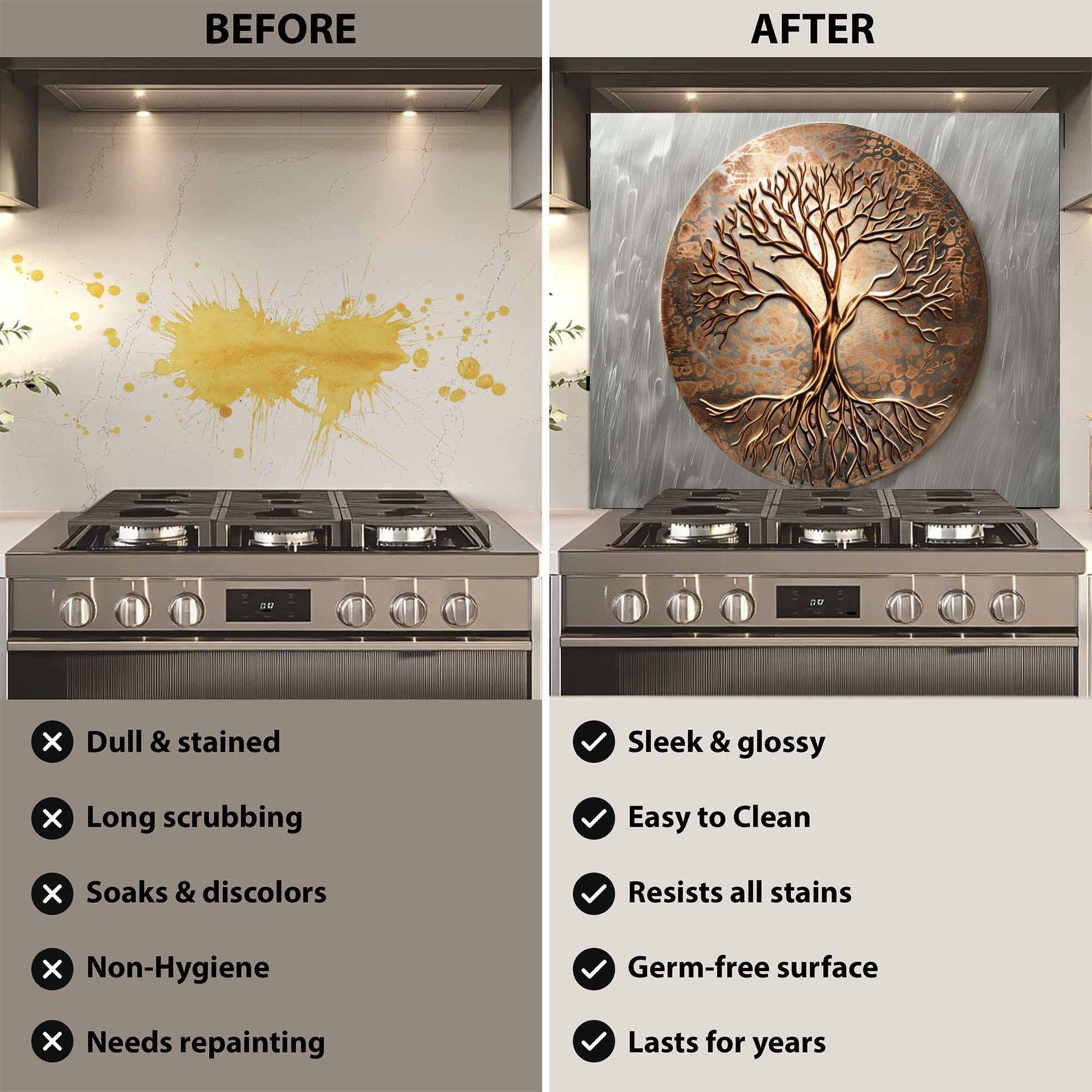 Before and after comparison of a kitchen stove with a decorative backsplash