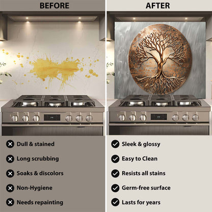 Before and after comparison of a kitchen stove with a decorative backsplash