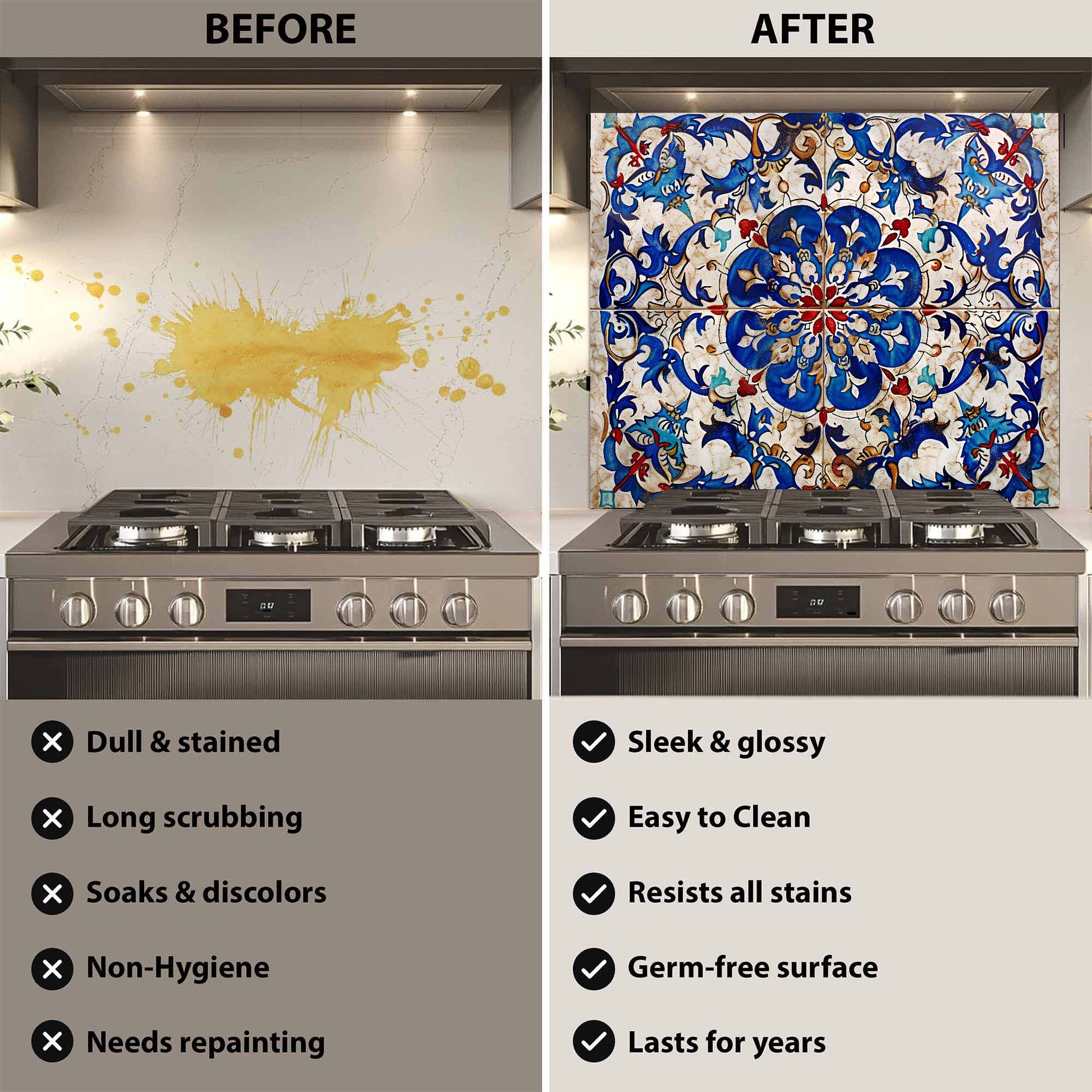 Before and after comparison of a stove with a decorative backsplash.