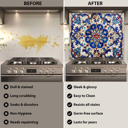 Before and after comparison of a stove with a decorative backsplash.