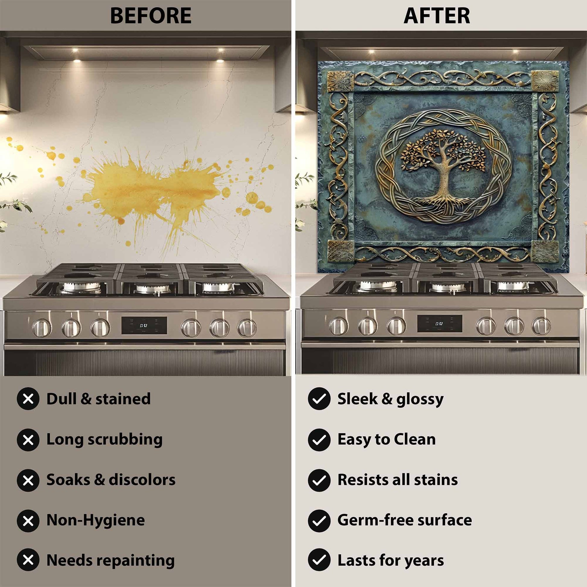 Before and after comparison of a stove with a decorative glass backsplash.
