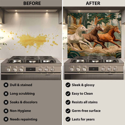 Mosaic-style wild horses running through a forest on tempered glass backsplash, adding movement, warmth, and natural beauty to kitchens.