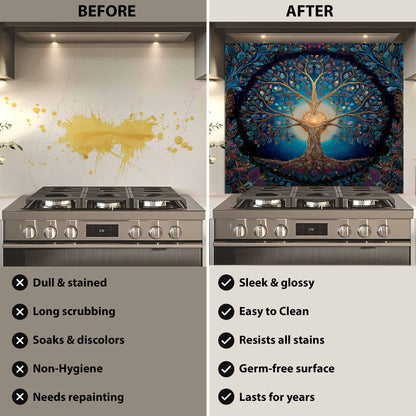 Before and after comparison of a kitchen stove with a decorative wall mural.