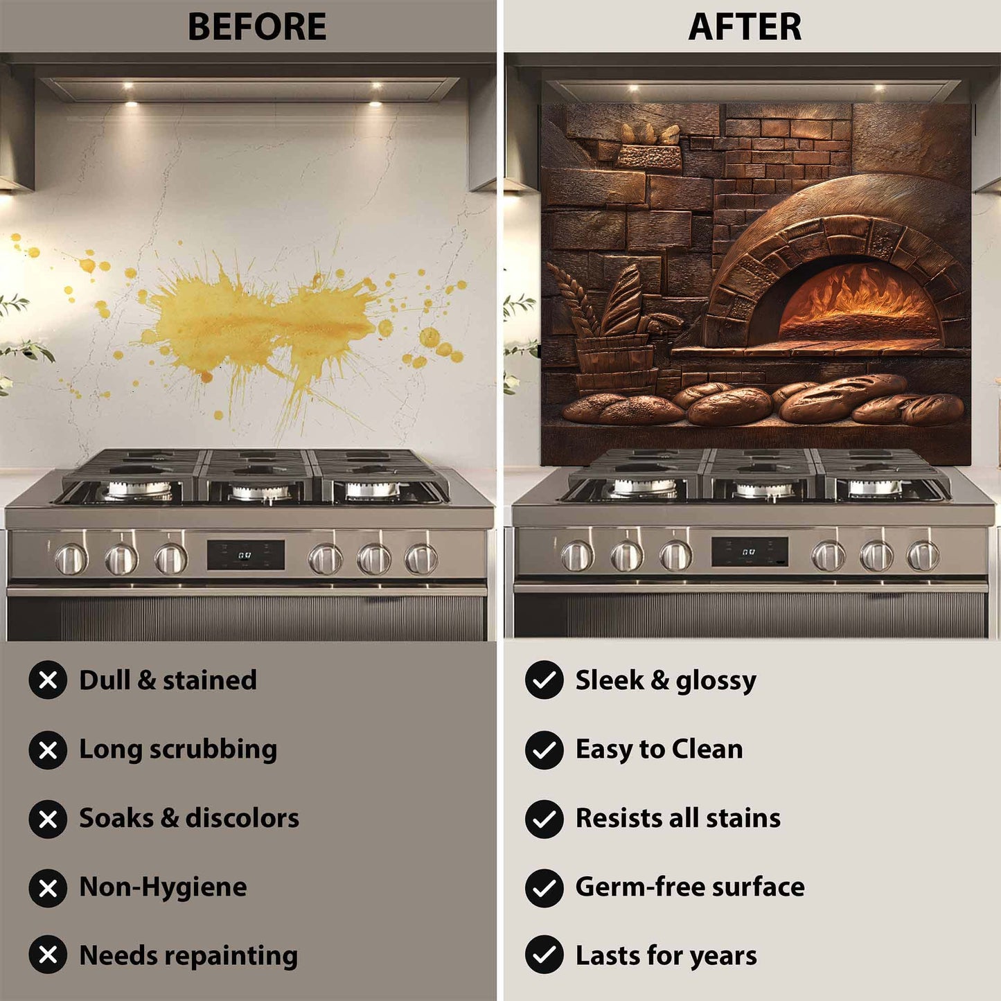 Before and after comparison of a stove with a decorative glass backsplash.